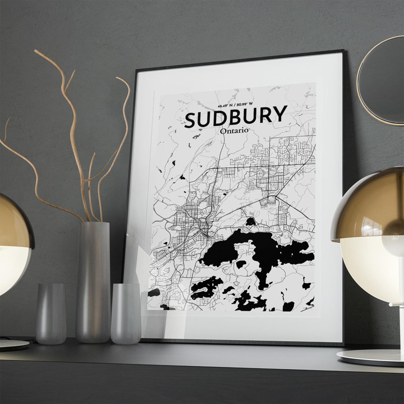Sudbury City Map, impression, Noir / blanc, H 27,6 po x l 19,7 po