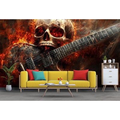 Murale crâne et guitare feu - décor de chambre à coucher en métal lourd