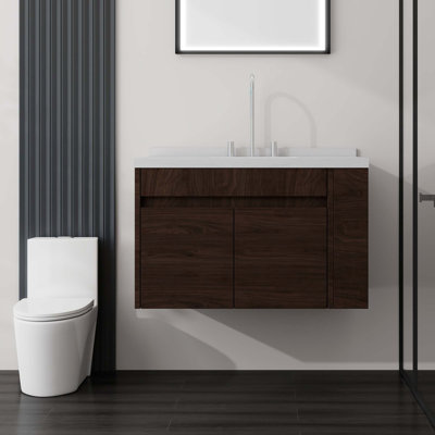 Meuble-lavabo flottant avec comptoir en marbre de culture et lavabo à débordement