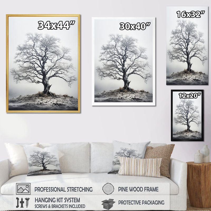 " Grey White Tree Muted Majesty ", 32" H x 16" W x 1" D, Gold Floater Frame
