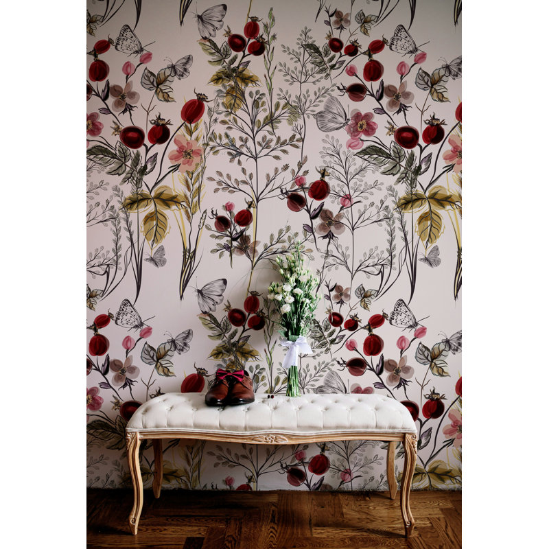 Papier peint floral avec des papillons rouges, L 37 po x l 56 po