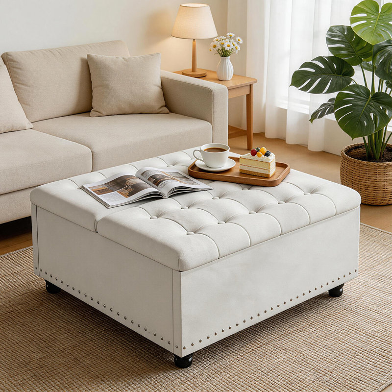 33.5"W Upholstered Square Coffee Table Storage Ottoman With Split Lift Top, White