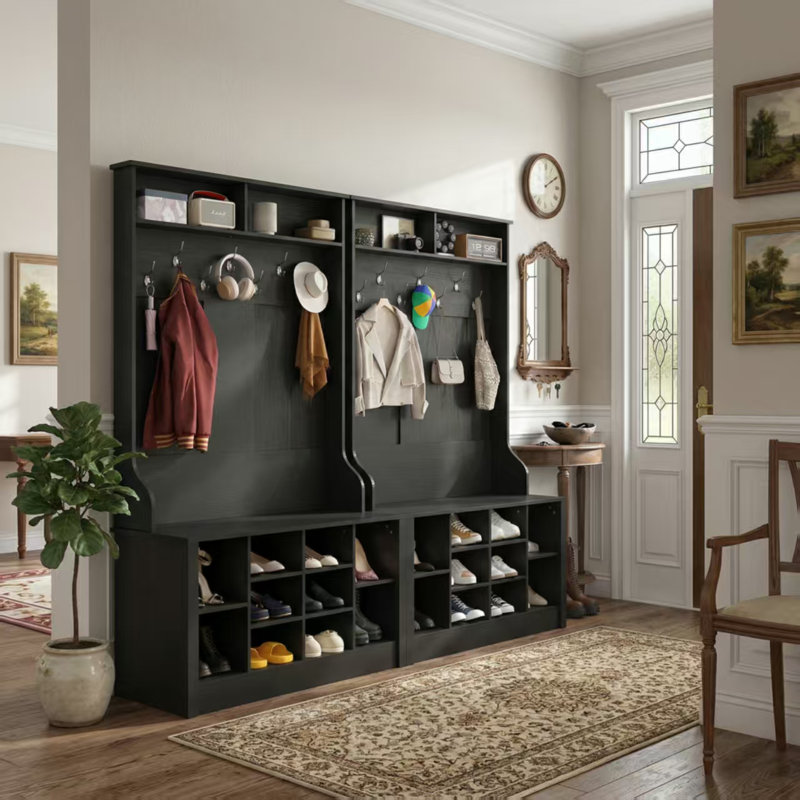 78.8” Wide Hall Tree with Hooks, Bench and Shoe Storage, Black