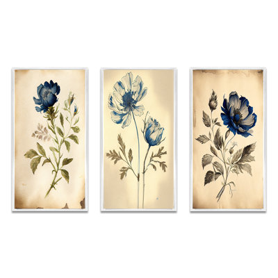 " Blue Vintage Flower Blooming " 3 - Pieces