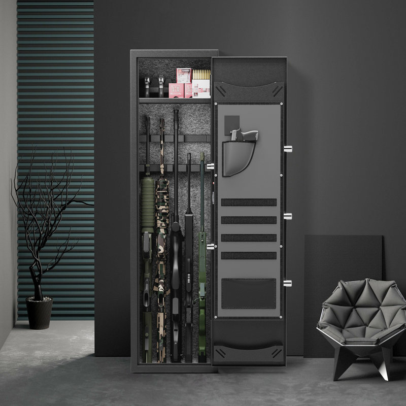 Coffre-fort pour armes à feu biométrique à grande capacité - empreinte digitale + verrou numérique, armoire en acier robuste avec supports à fusil réglables, porte-pistolet et éclairage intérieur pour le rangement des armes à feu / munitions