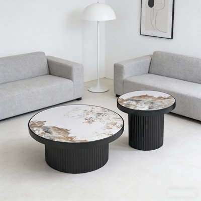 Set of 2 Coffee Table,MDF Round Coffee Table Sintered Stone Tabletop for Living Room Apartment,Leisure Area BLACK