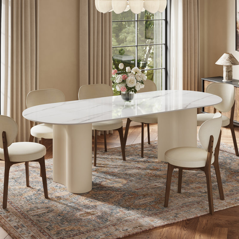 Table de salle à manger ovale moderne 71 "pour 6 personnes Jamani, plateau en pierre frittée blanc brillant, pieds en bois massif