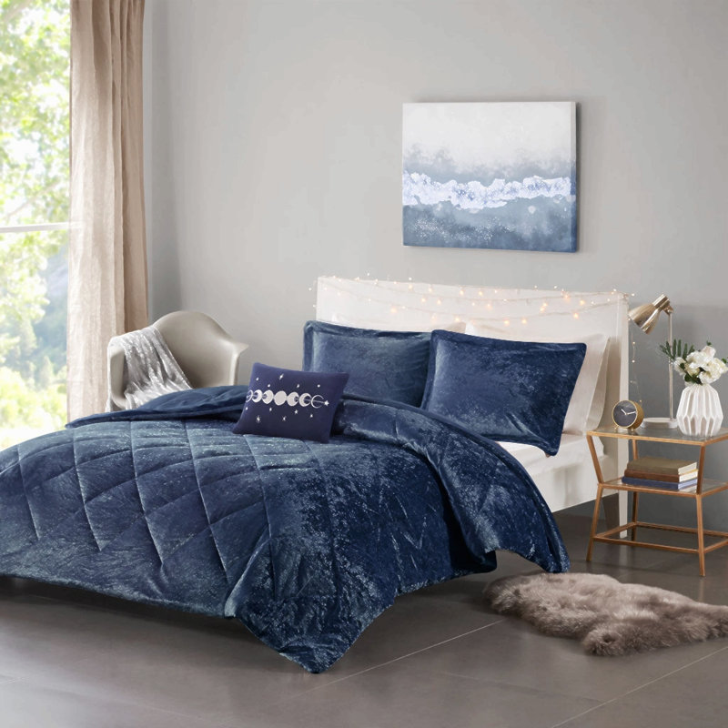 Ensemble d'édredon en velours simple / simple TG avec coussin décoratif, Marine