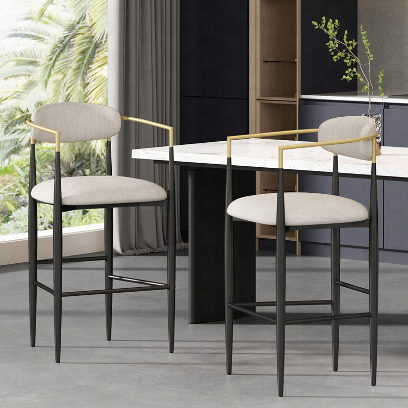 Ensemble de 2 tabourets de bar rembourrés, Noir, Tissu crème