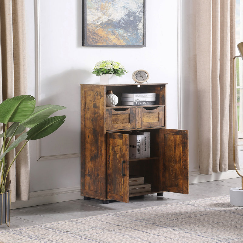 Grande armoire de rangement rustique brune, organisateur de salle de bain avec 2 grands tiroirs, tablette réglable pour le salon, la cuisine et le bureau à domicile