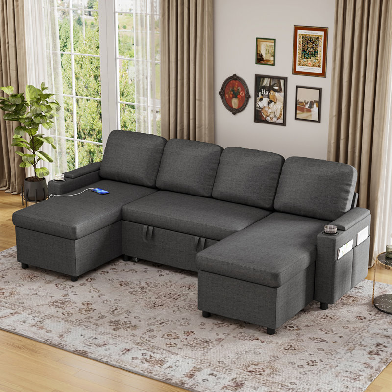 Corner Sofa Bed, U-Shaped Sleeper Sectional Couch Bed, 3-In-1 Convertible Pull Out Sofa Bed With Adjustable Backrest, Storage, Usb And Cup Holder For Living Room