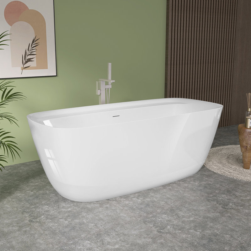 Freestanding Soaking Tub 67'' x 31''Rectangular Acrylic Bathtub with Storage in Glossy White  Center Drain