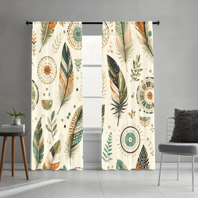 2 Panels Light Filtering Curtains, Earth Tone Tribal Feather Mandala Bohemian Print Home Decor, Easy Hang Rod Pocket Design, All Season Window Drapes for Living Room Bedroom Dormitory Decoration