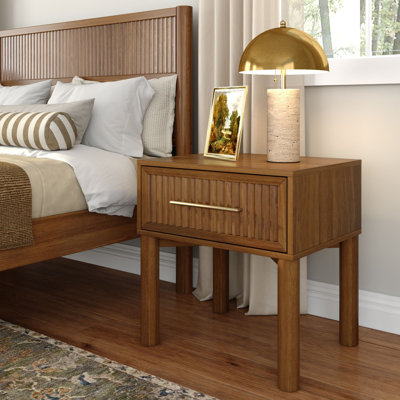 Sera Fluted 1 Drawer Nightstand with Brass Handle, Pecan