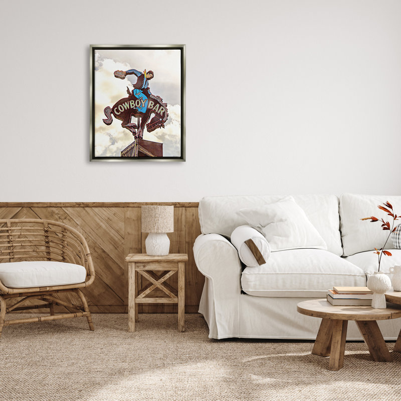 ba-655-Floater Western Cowboy Bar Floater, reproduction encadrée sur toile, Cadre flottant gris lustré