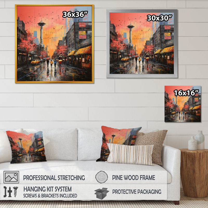Pop Art Seattle Cityscape Views - Seattle, art mural, Cadre simple noir, H 30 po x l 30 po x P 1,5 po