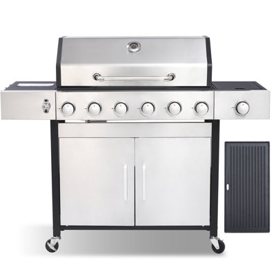 GRILL DEPOTS 6-Burner Propane Gas Grill and Griddle Combo with Side Burner, Porcelain-Enameled Cast Iron Grates, Double-Wall Insulated Lid, 69,000 BTU Outdoor BBQ Grill