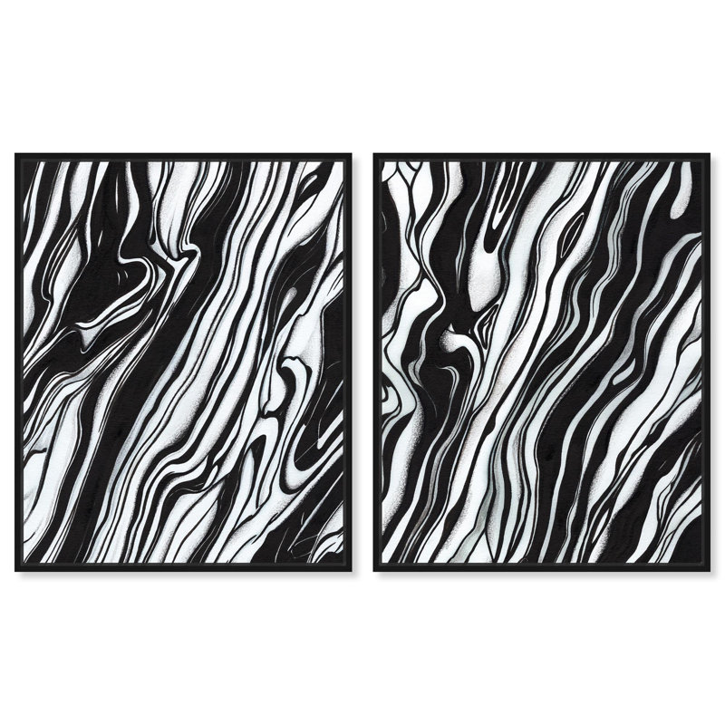 Ensemble de 2 lignes abstraites sur toile, "Elegant Modern Art" par Art Remedy, H 20 po x l 16 po, Cadre flottant noir