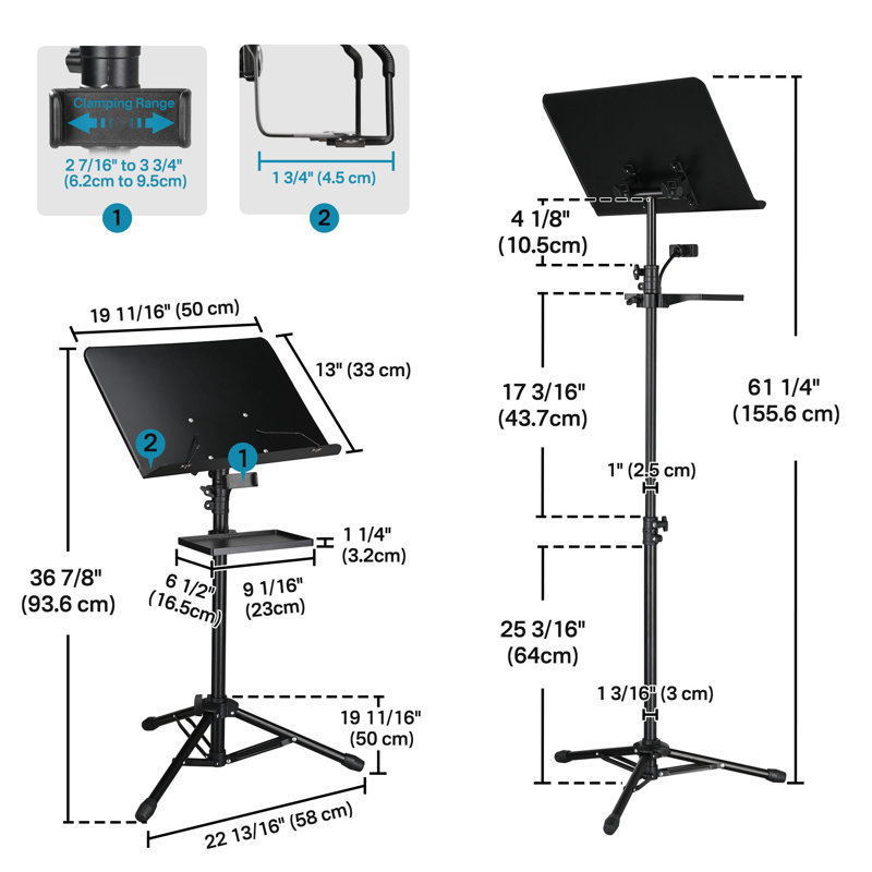 Pupitre Yescom pour partitions, inclinable de 94 à 155 cm, avec trépied stable et élargi, plateau de rangement et sac de transport. Parfait pour les studios de musique et les événements.