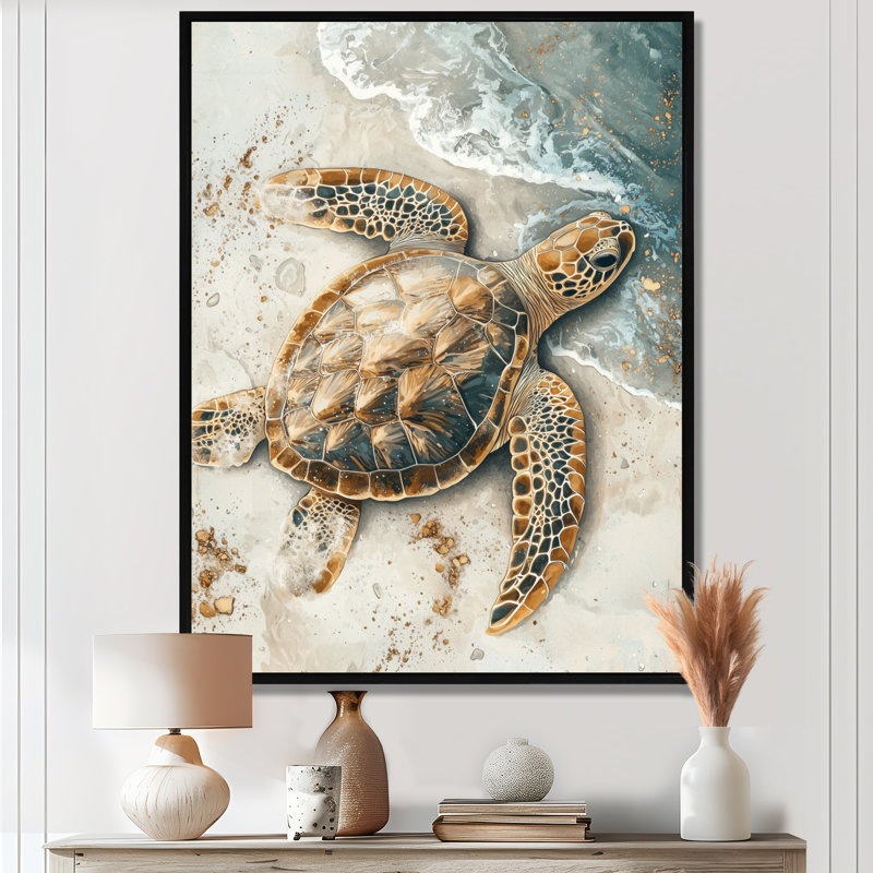 Cohner Golden Turtle Trails On The Beach I - Turtle Wall Art, Black, Floater Framed Print, 20" H x 12" W