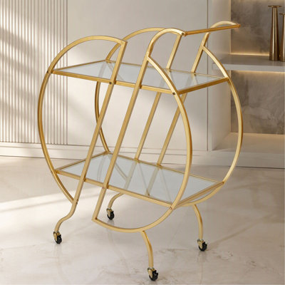 Bar Carts for The Home Bar Serving Cart, Rolling Bar Cart  with Lockable Caster Wheels, Glass Bar Carts with 2 Mirrored Shelves, Storage Round Wine Carts for Kitchen, Party