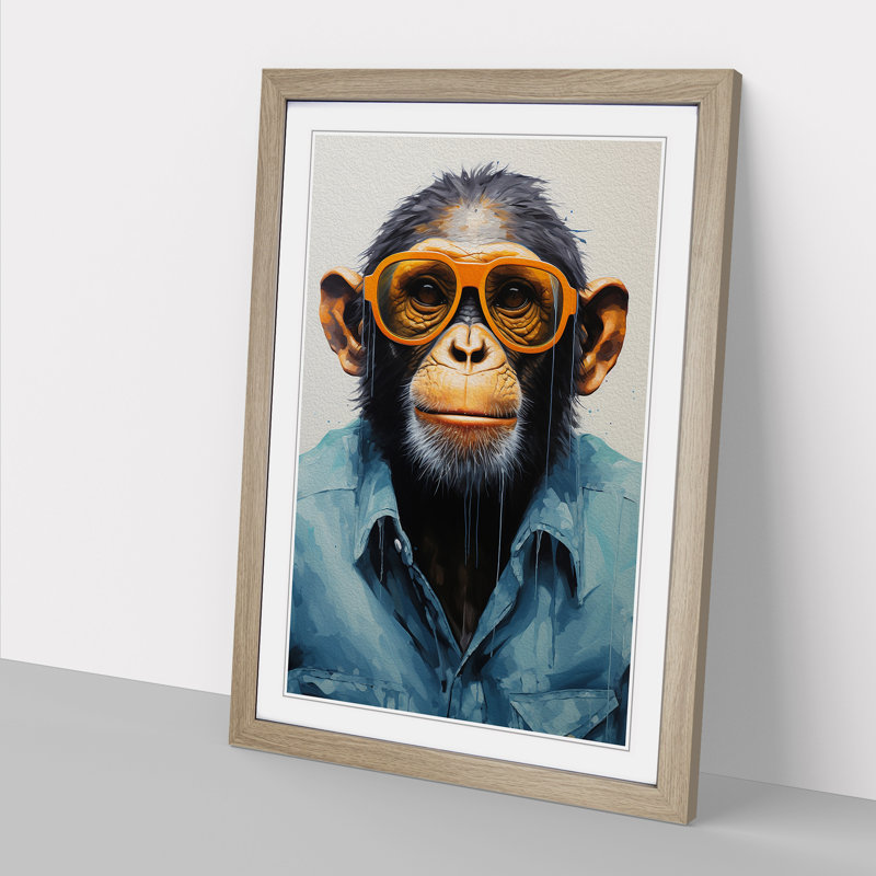 Monkey with Glasses Painting - Framed Print, Oak, 34cm H x 25cm W x 2cm D