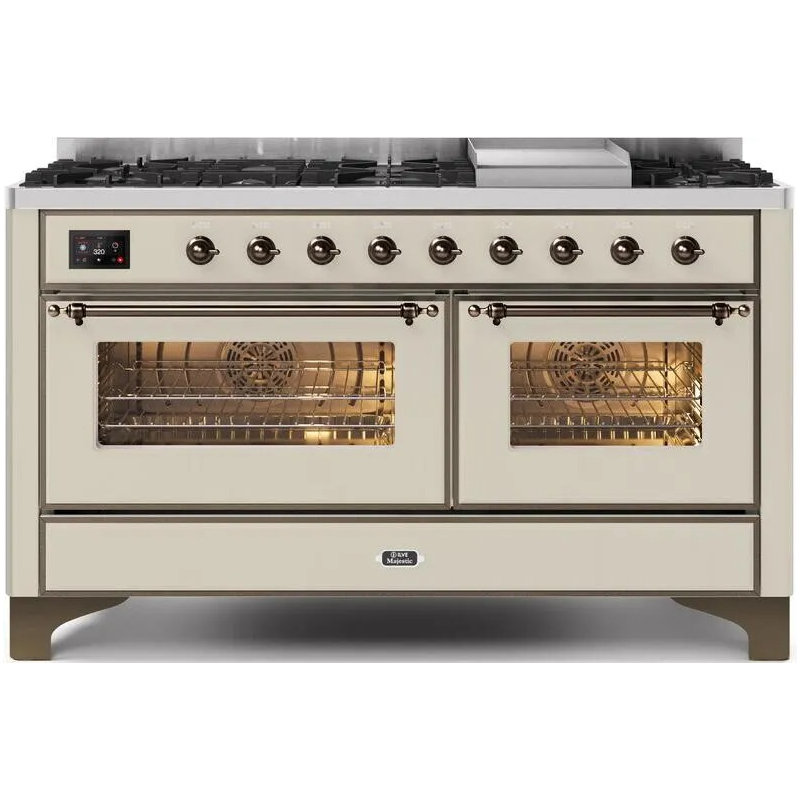 ILVE UM15FDNS3BGG Majestic II 60 inch Dual Fuel Range with 9 Burners, Griddle (Natural Gas, Triple Glass Door, Blue Grey, Brass)
