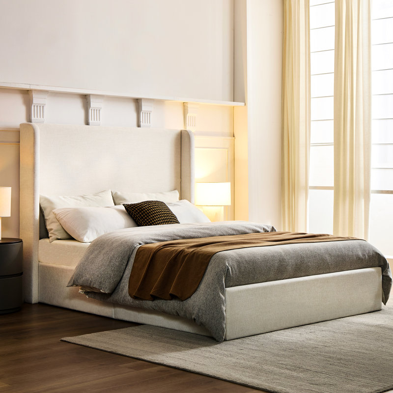 Très grand lit tapissier, tête de lit de 52,3 po de hauteur, conception moderne et sophistiquée, structure de lit en métal, rembourrage en mousse, assemblage facile pour la structure de la chambre à coucher avec revêtement en toile simple à oreilles de style contemporain,