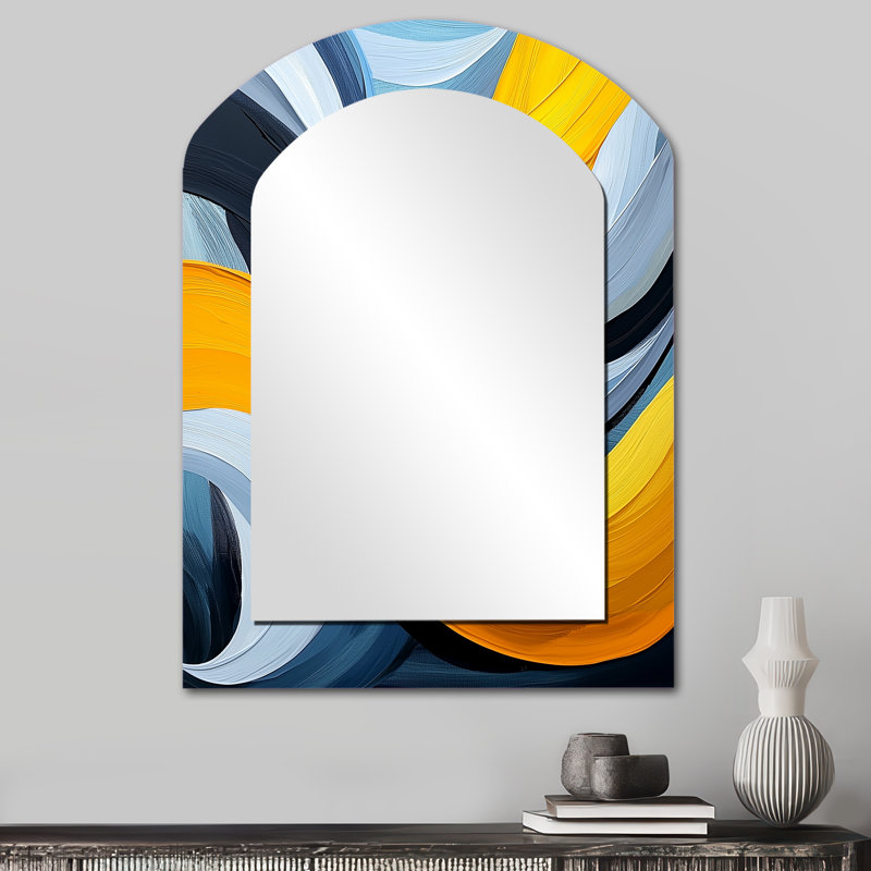 Blue And Yellow Ocean Steam Lines I - Minimalism Asymmetrical Decorative Wall Mirror, Grey Arch Large Mirror, Printed Metal Art