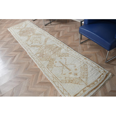 Handwoven Turkish Runner Rug In Neutral Vintage Design Made Of Beige Anatolian Wool Ideal For Hallways And Decorative Carpeting