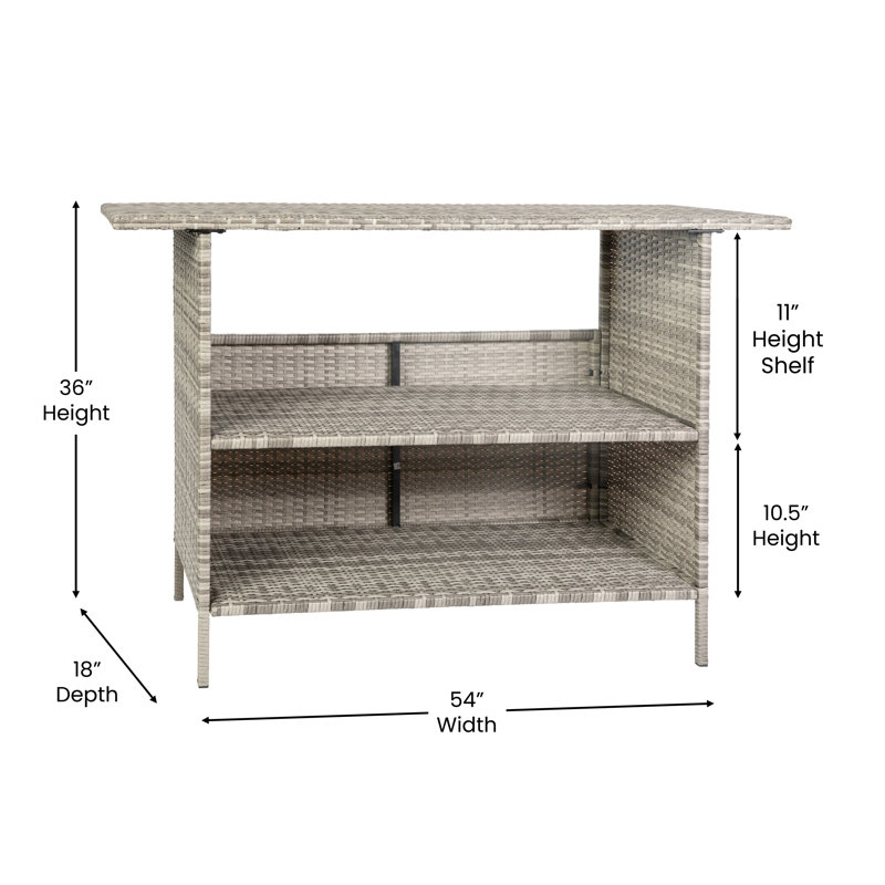 Rimah Rectangular Indoor/Outdoor Wicker Rattan Patio Bar Counter Table with Two Shelves, Grey, Grey