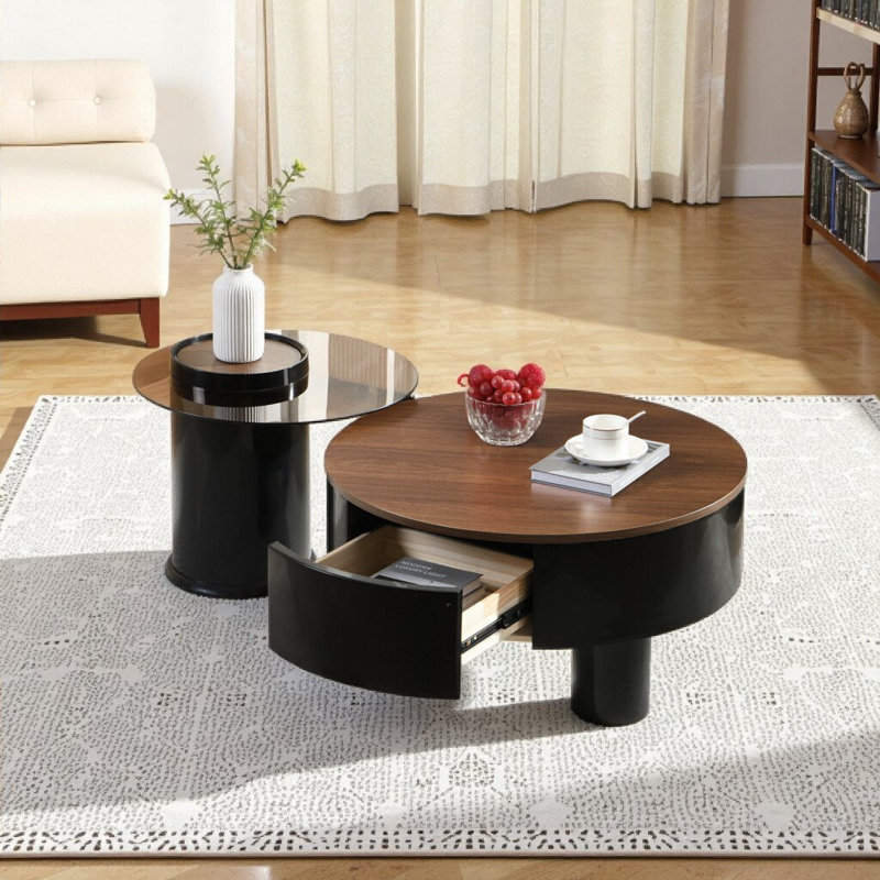 Ensemble de 2 tables basses gigognes modernes avec tiroir de rangement pour le salon, noir et brun