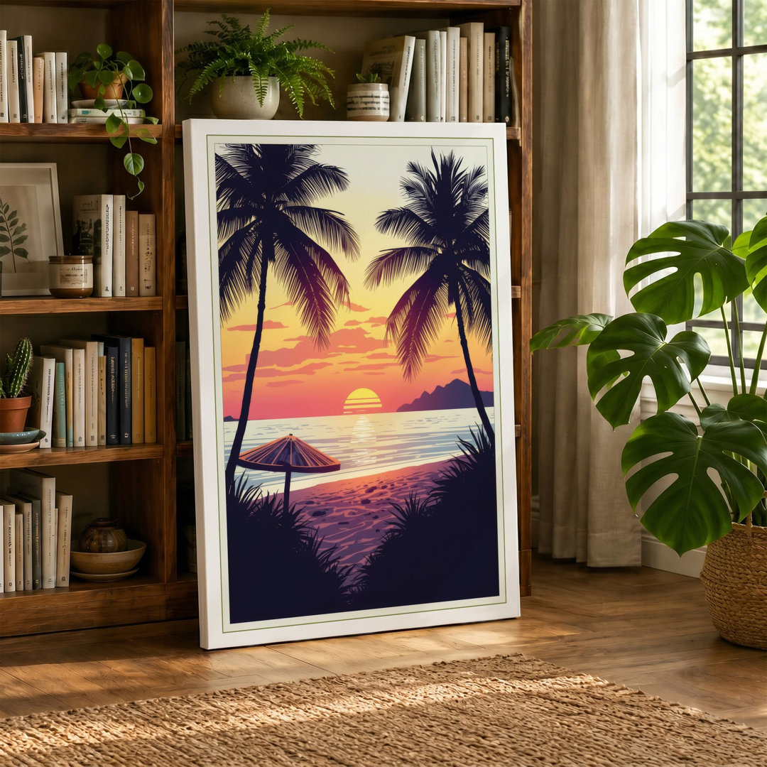 Tropical Sunset Palms Coastal - Wrapped Canvas