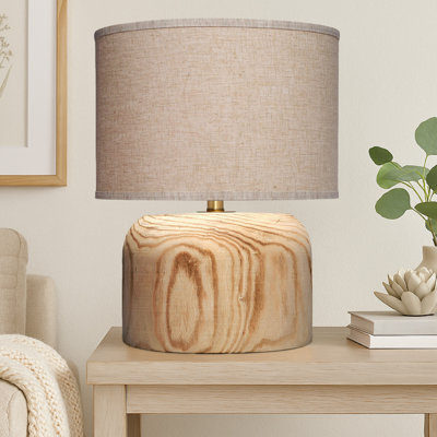 Lampe de table Timy Accent, 18 pouces, abat-jour tambour en lin, base en bois brun