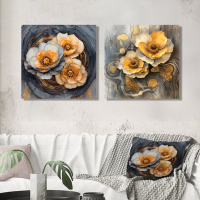 Autumn Mums Flowers On Onyx Crystal River I - Mums Wall Art - Traditional Wall Art Decor 2 Piece
