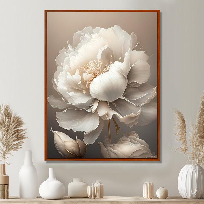 Peony Flower VI - Print on Canvas, 40" H x 30" W, Brown Floater Framed