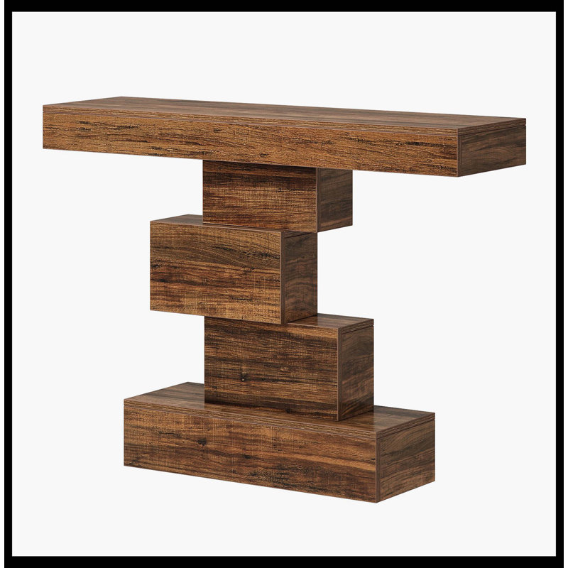 42" Console Table, Wood Sofa Table Accent Table With Geometric Base, Rustic Brown