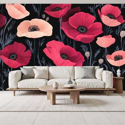 Peel and Stick Wallpaper Vibrant Floral Pink White Flowers Black Wall Murals 69"H x 96"W Removable PVC Wall Paper Self-Adhesive Wall Decor for Bedroom Living Room Home Office