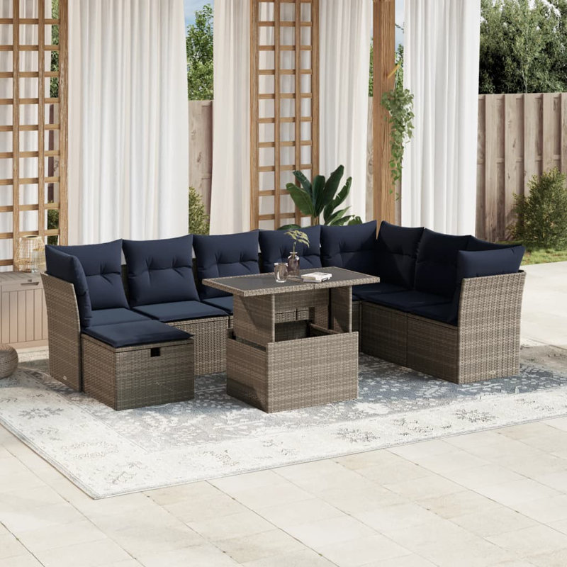  Ensemble de canapé de patio 9 pièces avec coussins en rotin de polyester, Gris, Bleu