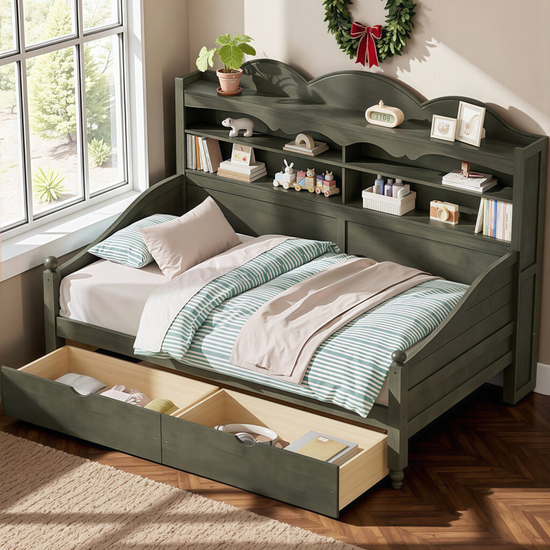 Lit de jour simple rétro avec tiroirs de rangement sous le lit et tablettes de tête de lit | Conception peu encombrante pour les espaces compacts | Aucun sommier tapissier requis | Assemblage facile
