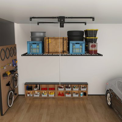 Support de rangement pour garage suspendu 5 pi x 9 pi pour plafonds hauts de 10 à 12 pi, fabrication entièrement en acier d'une capacité de 400 lb avec verrou de sécurité (installation requise, organisateur de garage robuste)