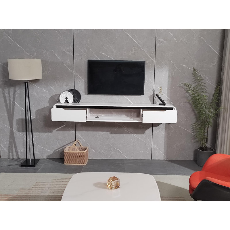 Meuble télé 47 po flottant entièrement assemblé, blanc ultrabrillant, 8.8"H x 47"L x 9.4"W, Blanc