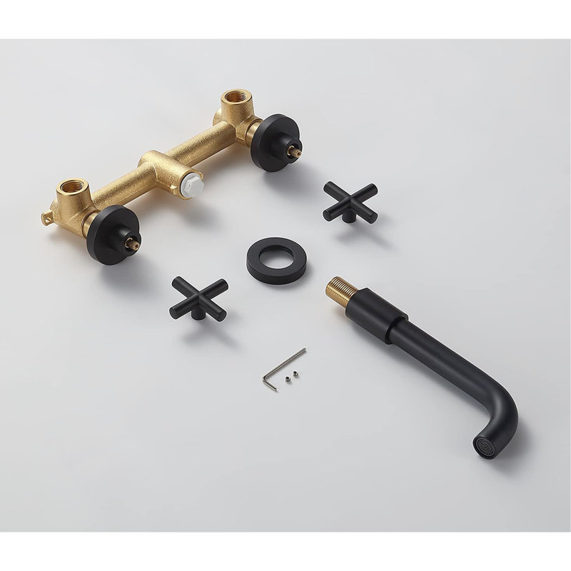 Wall Mount Bathroom Faucet Matte Black With 2 Handles - Rust, Corrosion, Scratch, Tarnish, Spot 1.5 Gpm Flow Rate 8" Spout Height, 7" Reach 3" Centers Deck Plate, Drain Assembly Overflow Included