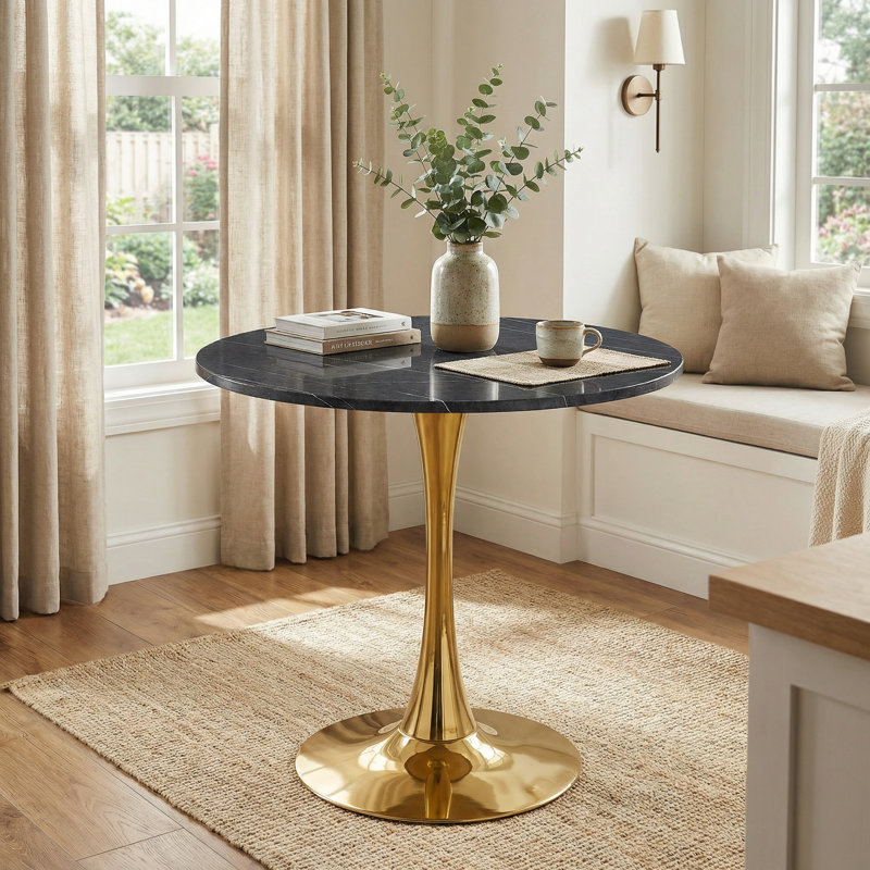 Table de salle à manger 31,5 "Mid-Century avec tulipe moderne avec plateau en faux marbre, plateau de table épaissi, base en piédestal en métal pour les petits espaces