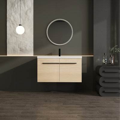 Meuble-lavabo en chêne de 91 cm (36 po) avec lavabo en résine, armoire à 2 portes, conserve son aspect neuf, style américain - Construction à 2 portes, design