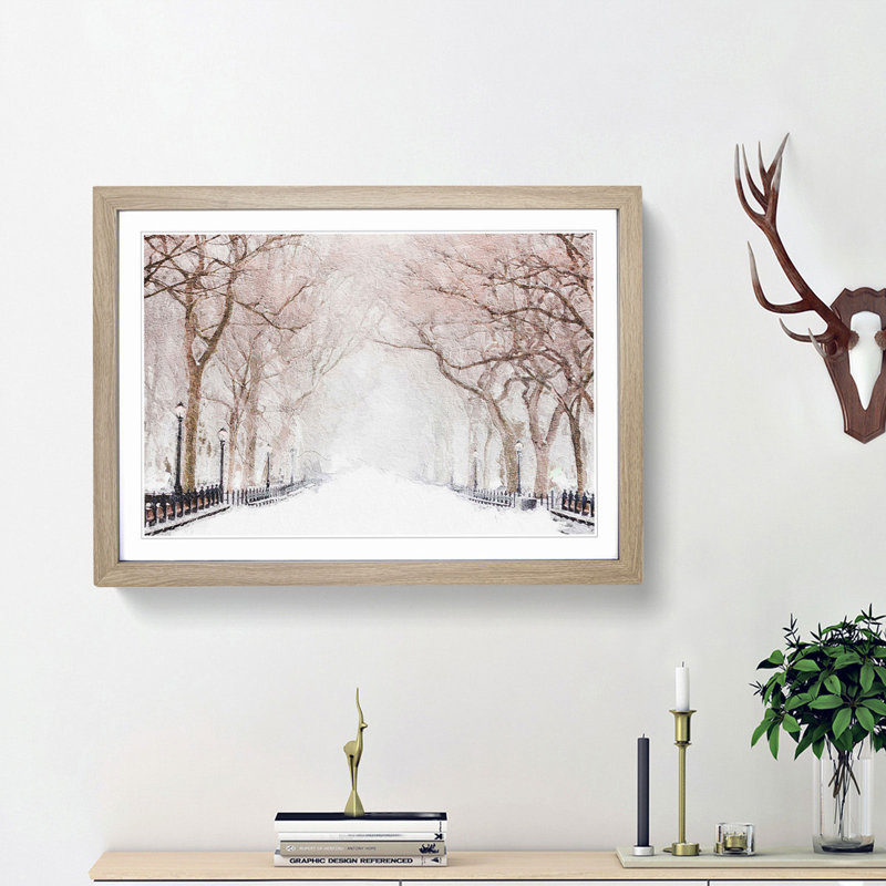 Wintertime in Central Park New York City - Picture Frame Painting Print on MDF, 36cm H x 48cm W x 2cm D, Oak Framed