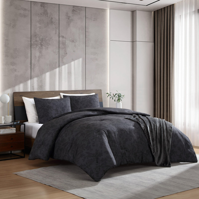 Kenneth Cole Silhouette Floral Charcoal Comforter Bonus Set, Queen Comforter + 2 Standard Shams