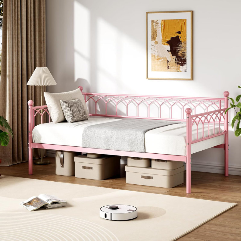 Twin Metal Daybed Sofa Bed with Steel Slats, Space Saving, Pink, Pink