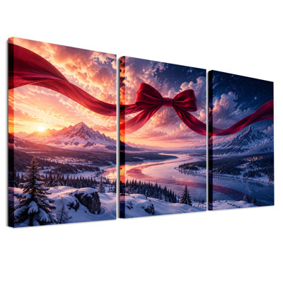 Ensemble de 3 toiles murales géantes avec nœud rouge au coucher du soleil, thème de Noël enneigé