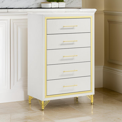 Jenny Tall Dresser Chest, 5 Drawers, Hairpin Legs, Bar Handles, White, Gold -  Benjara, BM318898